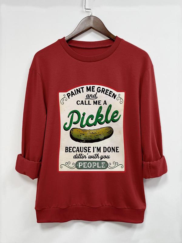 Women's Pickle Print Crew Neck Sweatshirt, Casual Long Sleeve Pullover for Daily Wear, Sweatshirts for Women, Ladies  Clothing for All Seasons