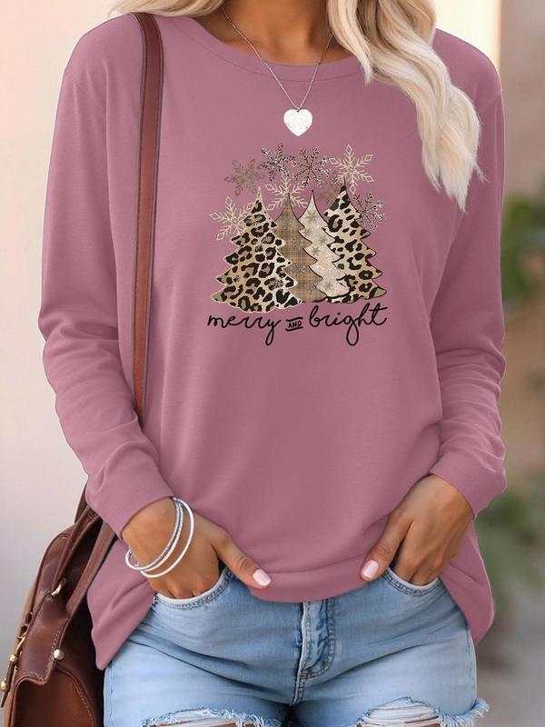 Women's Leopard Print Christmas Tree Print Round Neck Sweatshirt, Casual Long Sleeve Crew Neck Pullover for Fall & Winter, Women's Clothes for Daily Wear