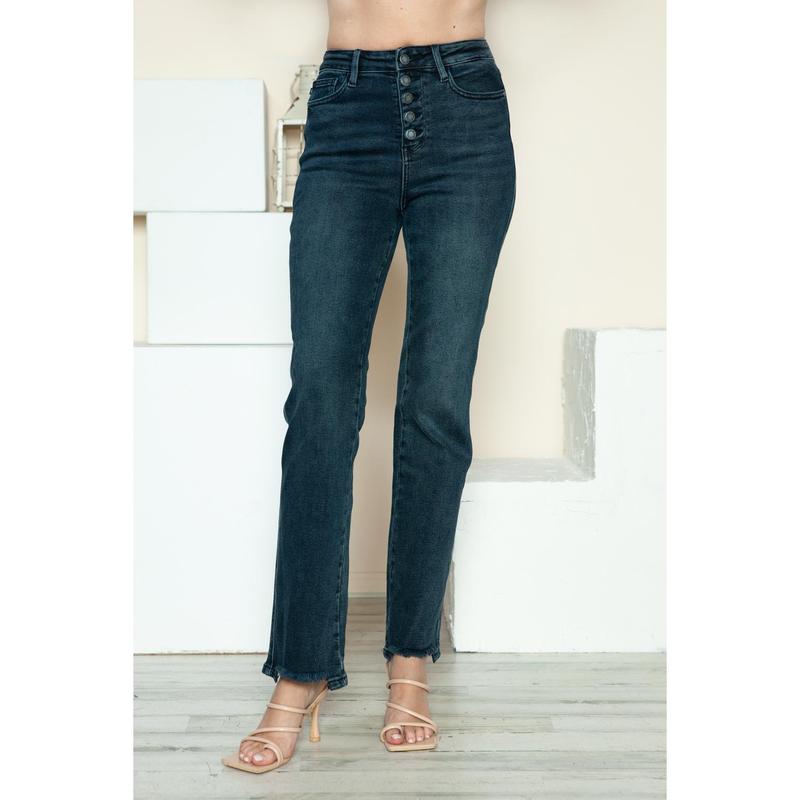 Judy Blue Full Size Button Fly Hem Destroy Straight Jeans Comfort Denim