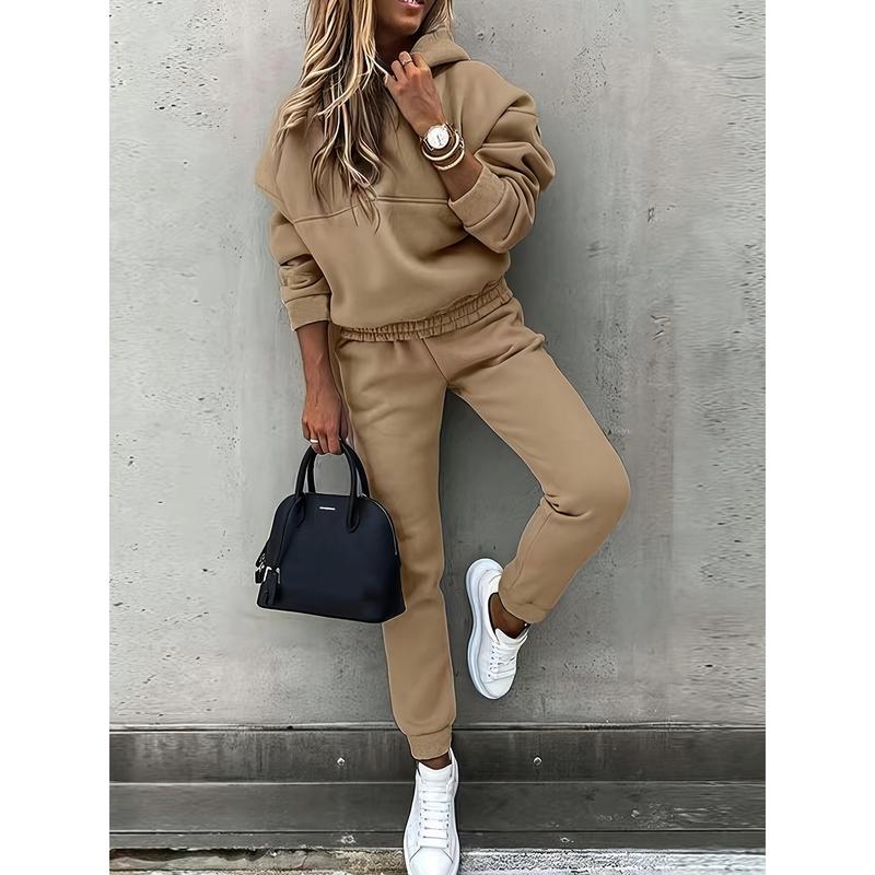 Cozy Solid Color Sweatpants Set - Pantsuits for Women - Long Sleeve Hoodie Sweatshirt, Drawstring Jogger Pants Outfits, Comfortable Casual Wear for Everyday, Soft Fleece Lining, Relaxed Fit, and Easy Care