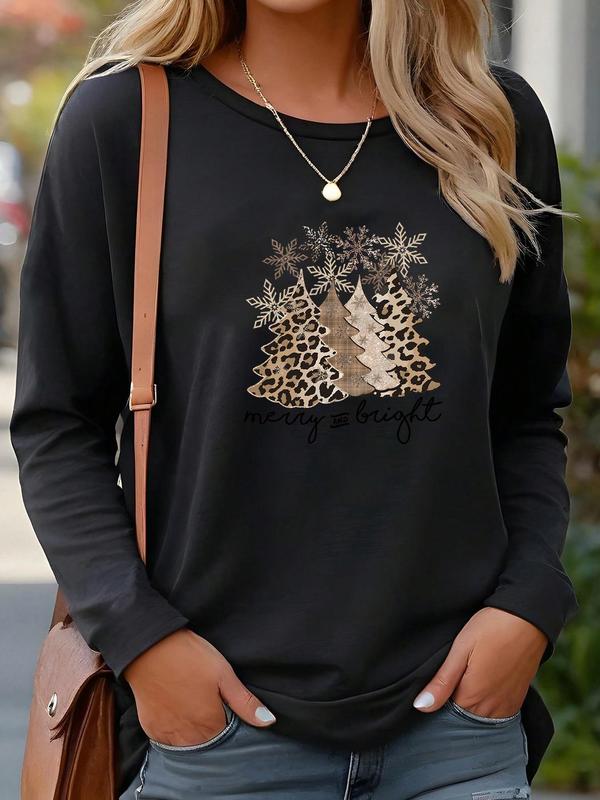 Women's Leopard Print Christmas Tree Print Round Neck Sweatshirt, Casual Long Sleeve Crew Neck Pullover for Fall & Winter, Women's Clothes for Daily Wear