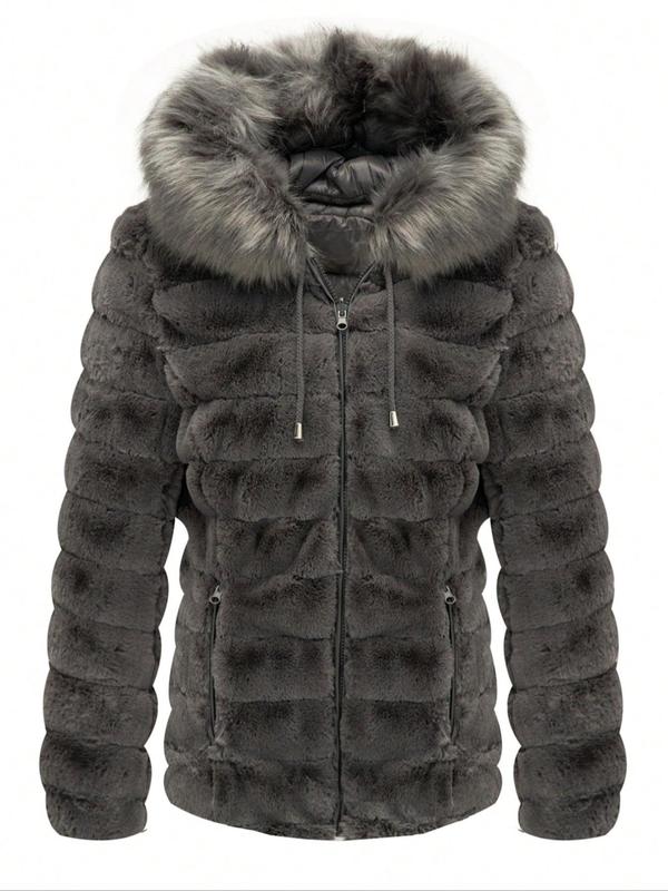 Women's Solid Color Contrast Faux Fur Reversible Hooded Jacket, Casual Warm Long Sleeve Drawstring Quilted Coat for Fall & Winter, Women's Clothing for Daily Wear
