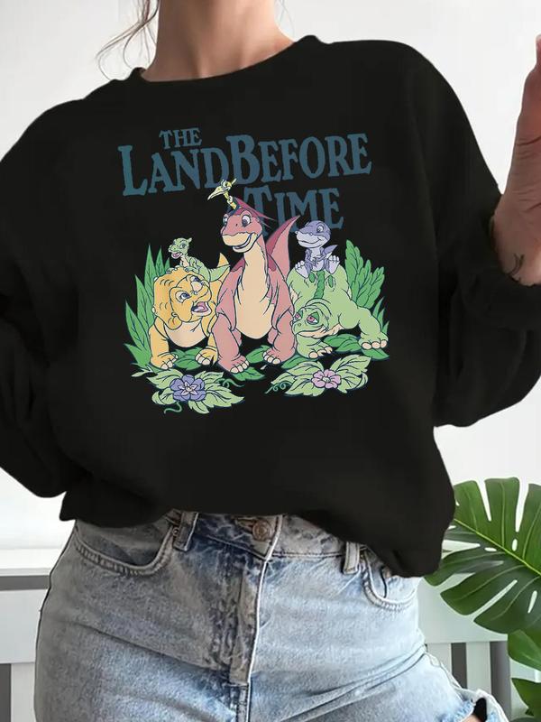 Women's Cartoon Dinosaur Print Crew Neck Sweatshirt, Casual Long Sleeve Pullover for Daily Wear, Ladies Fall & Winter Clothes