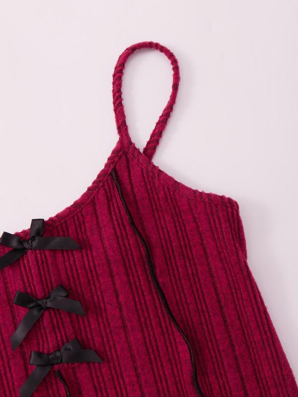 Women's Contrast Binding Bow Decor Lettuce Trim Cami Nightdress, Casual Soft Comfortable Spaghetti Strap Nightgown for All Seasons, Fashion Ladies' Sleepwear for Daily Wear
