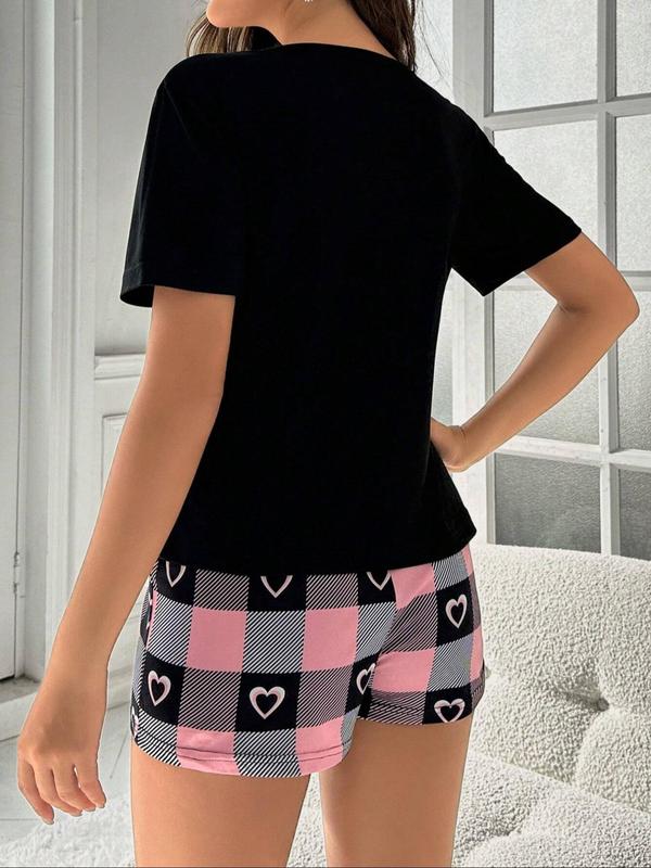 Two-Piece Set Women's Heart Letter Print Tee & Plaid Print Shorts Pyjama Set, Casual Soft Comfortable Round Neck Short Sleeve T-shirt & Bow Decor Shorts Pj Set, Ladies Sleepwear for All Seasons