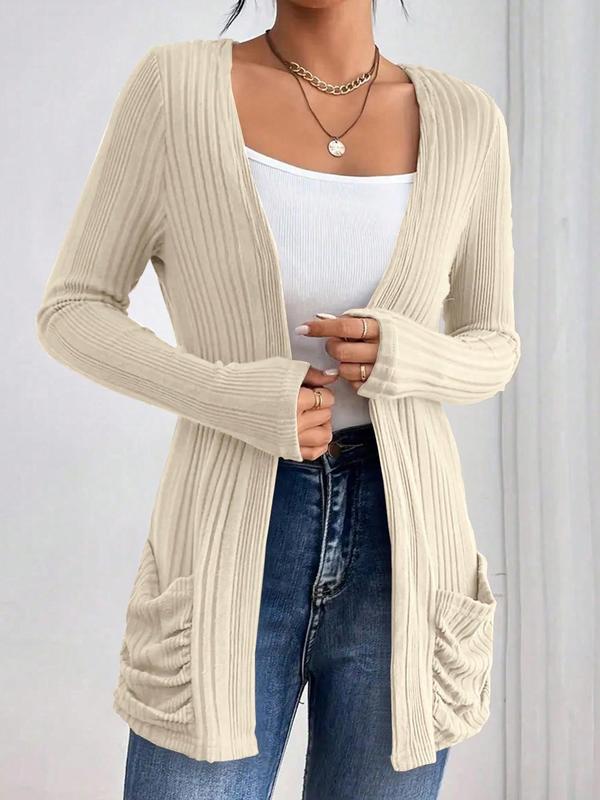 Women's Plain Ruched Pocket Open Front Cardigan, Casual Long Sleeve Cardigan for Fall & Winter, Women's Knit Clothing for Daily Wear