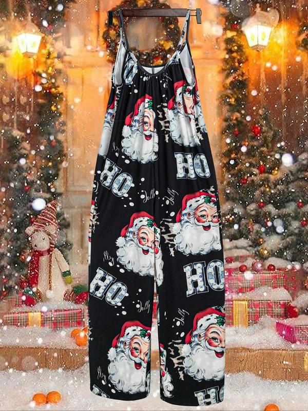 Women's All Over Santa Claus Print Cami Jumpsuit, Casual Comfy Sleeveless Jumpsuit for Daily Wear, Ladies Sleepwear for Spring & Fall