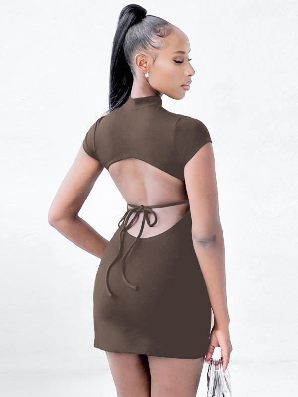 Women's Plain Mock Neck Cut Out Tie Back Split Thigh Bodycon Dress, Summer Clothes Women, Summer Dresses 2024, Casual Short Sleeve Mini Dress, Women's Summer Clothes for Party Nightclub, Womenswear Dresses for Women