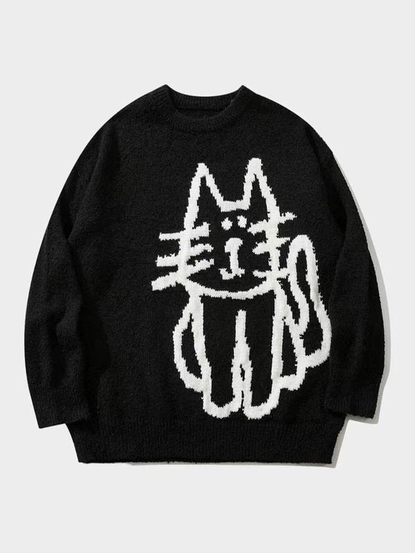 Women's Cartoon Cat Print Round Neck Sweater, Casual Long Sleeve Crew Neck Jumper for Fall & Winter, Fashion Ladies' Knitwear for Daily Wear