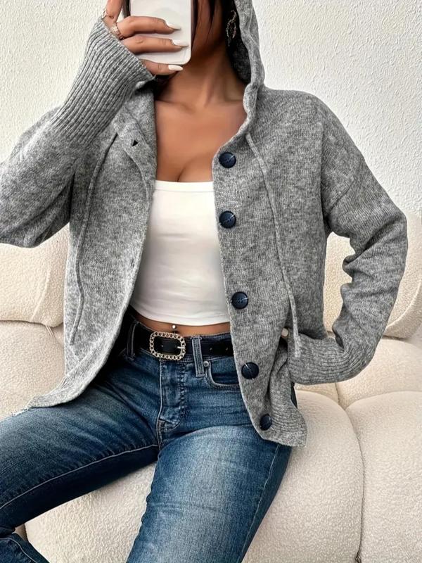 Women's Plain Button Front Drawstring Hooded Cardigan, Casual Drop Shoulder Long Sleeve Knitwear for Fall & Winter, Women's Knit Clothing for Daily Wear