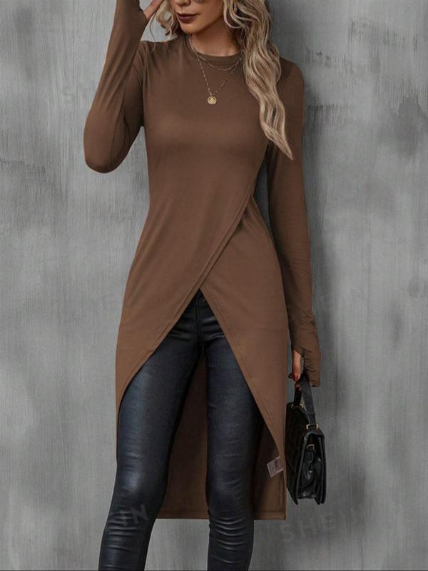 Women's Plain High Low Hem Wrap Tee, Elegant Long Sleeve Round Neck Longline T-shirt for Fall & Winter, Women's Clothing for Daily Wear