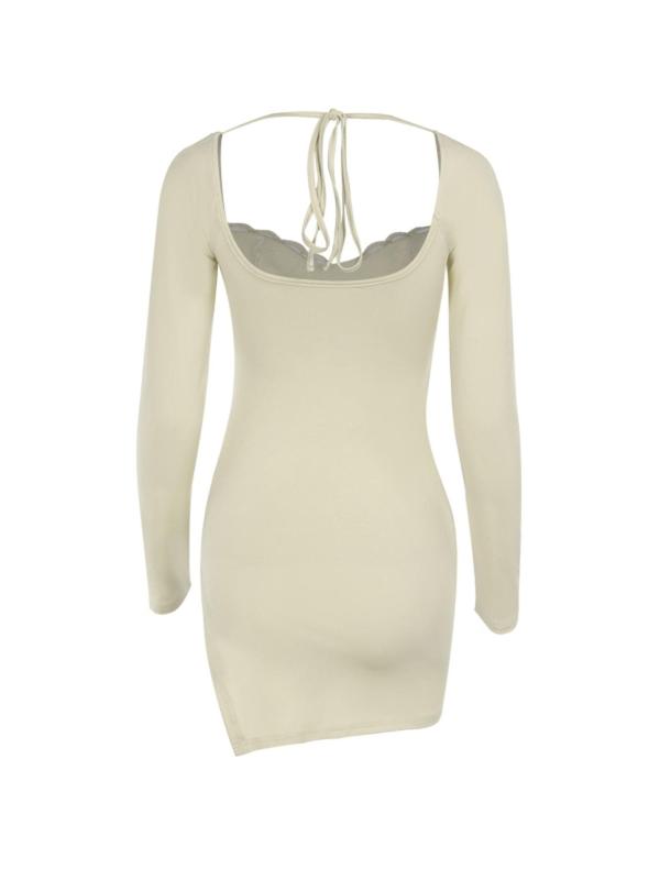 Women's Contrast Lace Ruched Split Hem Bodycon Dress, Sexy Sweetheart Neck Long Sleeve Mini Dress for Party Club Dating Wear, Ladies Clothes for All Seasons, Dresses for Women, Birthday Dresses 2024, Fall Wedding Guest Dress