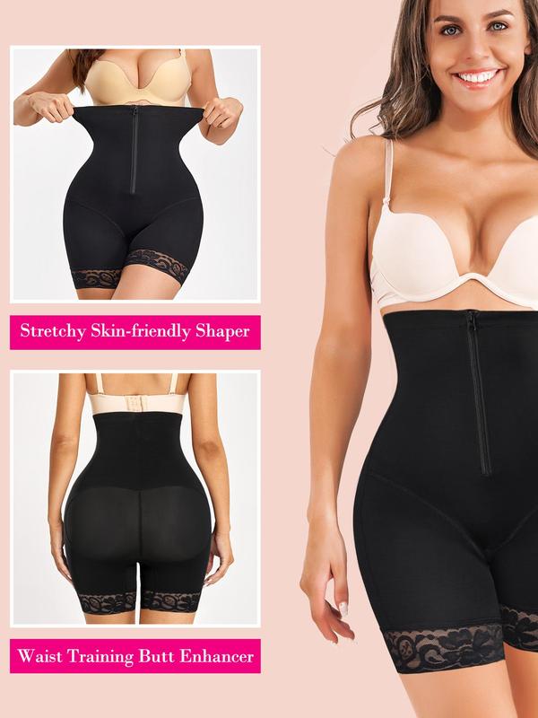 Women's Solid Contrast Lace Zipper High Waist Shapewear Shorts, High Stretch Tummy Control Butt Lift Shaper, Ladies Shapewear for All Seasons