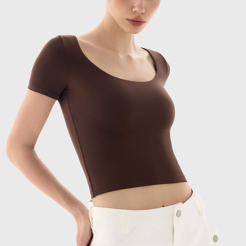 PUMIEY Women's Scoop Neck Short Sleeve T-Shirt Slim Fit Sexy Tops Womenswear Underwear Streetwear Minimalist Shortsleeve White Crop Top skims tee Lady Comfort Summer Tshirt Skinny