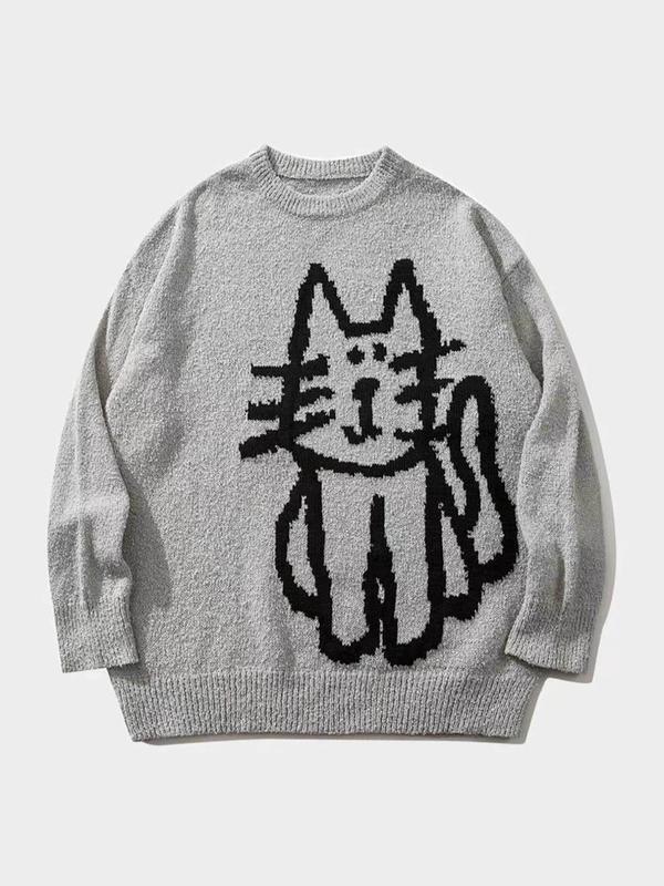 Women's Cartoon Cat Print Round Neck Sweater, Casual Long Sleeve Crew Neck Jumper for Fall & Winter, Fashion Ladies' Knitwear for Daily Wear