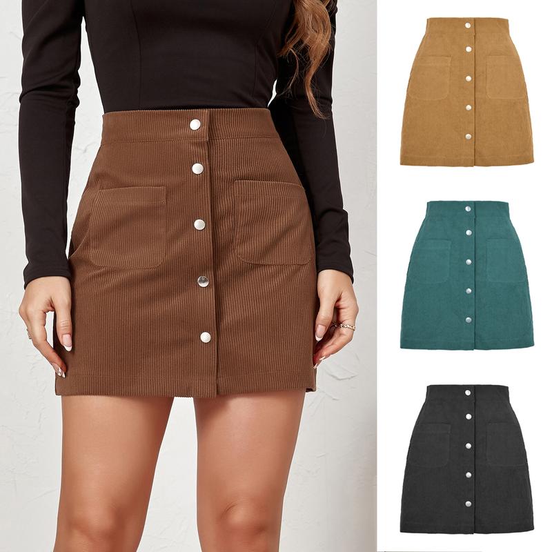Corduroy Sheath Skirt Single-Breasted Slim Fit Solid Skirt Women's Clothing Fashion Womenswear