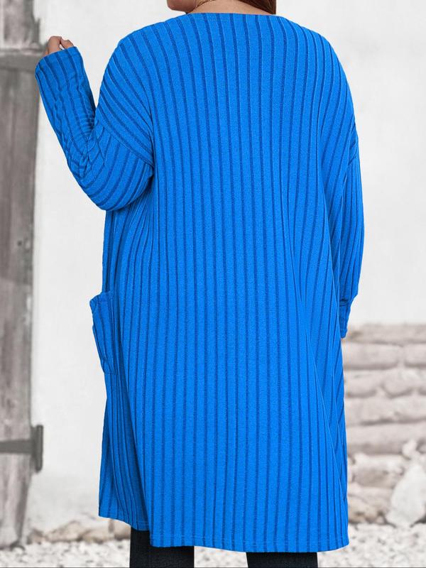  Solid Color Drop Shoulder Pocket Ribbed Cardigan, Casual Long Sleeve Open Front Knitwear for Fall & Winter, Women's Plus Clothing for Daily Wear
