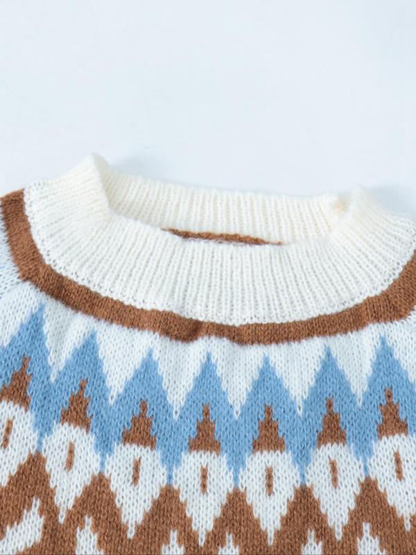 Women's Colorblock Geometric Print Raglan Sleeve Sweater, Casual Long Sleeve Round Neck Jumper for Fall & Winter, Fashion Ladies' Knitwear for Daily Wear