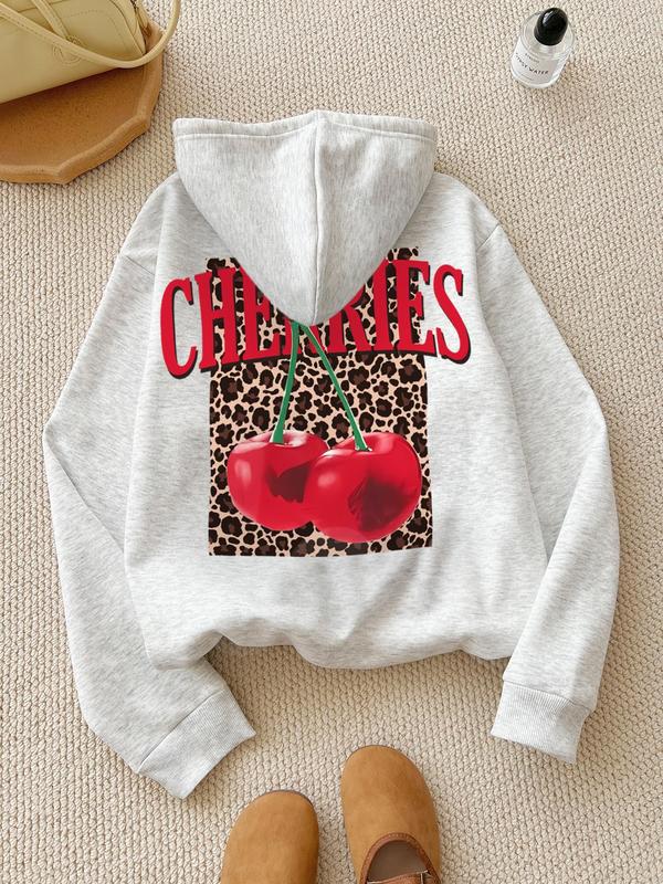 Women's Cherry & Letter & Leopard Print Drawstring Pocket Thermal Lined Hoodie, Casual Long Sleeve Hooded Sweatshirt for Fall & Winter, Women's Clothes for Daily Wear