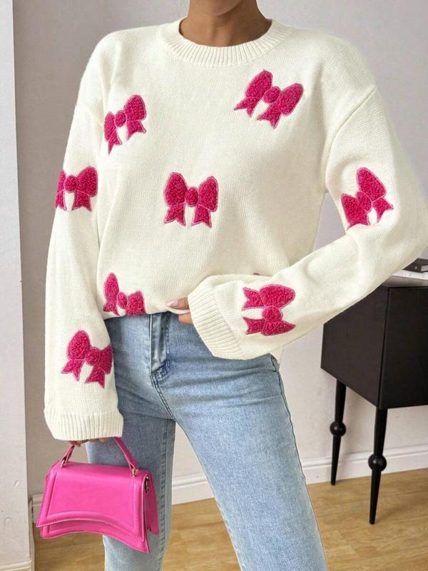 Women's Bow Patched Drop Shoulder Sweater, Casual Long Sleeve Round Neck Jumper for Fall & Winter, Fashion Ladies' Knitwear for Daily Wear