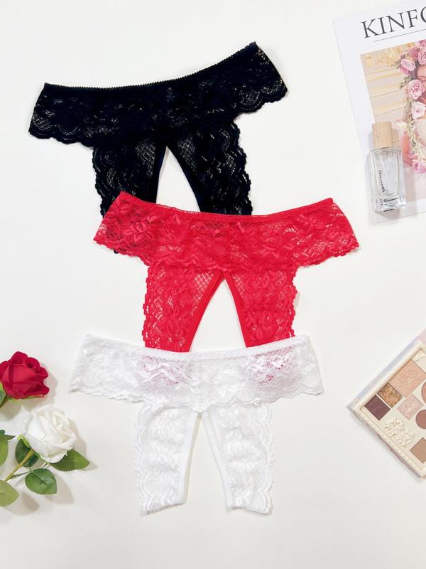 Women's Sexy Scallop Trim Sheer Lace Panty, Breathable Drop Waist Thong, Women's Underwear for Summer Daily Wear