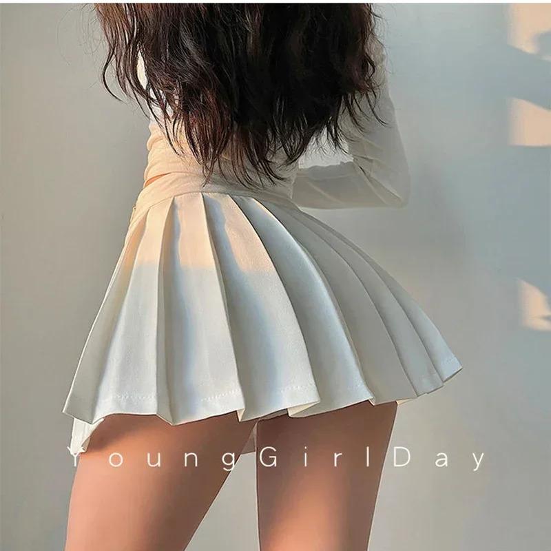 Women Pleated Skirt with Shorts Sexy High Waist Irregular White Black A-line Gyaru Tennis extreme Mini Skirt School 2024 Womenswear Bottom