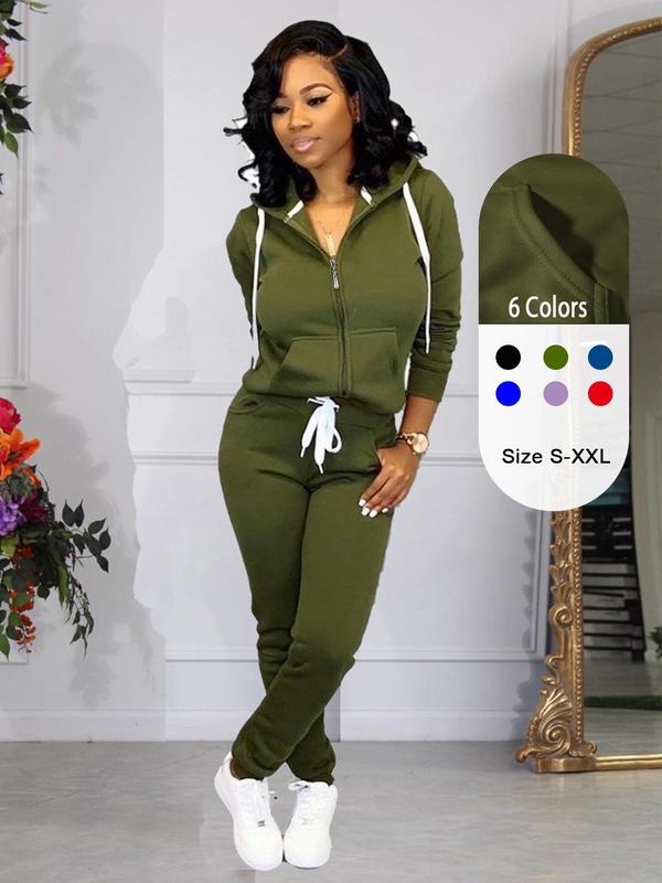 Two-piece Set Women's Solid Zip Up Hoodie & Drawstring Waist Pants Set, Casual Long Sleeve Hooded Sweatshirt & Pocket Trousers for Fall & Winter, 2 Piece Sets Women, Women's Clothes for Daily Wear