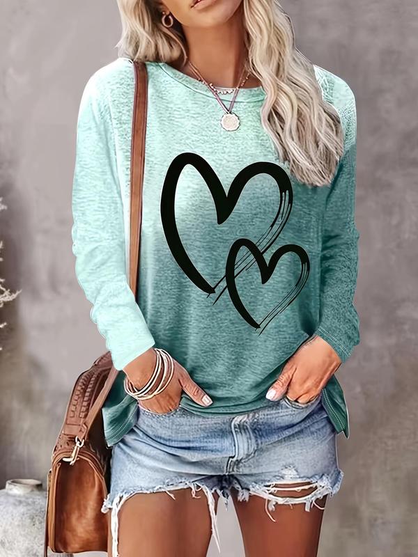  Ombre Heart Print Drop Shoulder Tee, Casual Long Sleeve Round Neck T-shirt for Fall & Winter, Women's Clothing for Daily Wear