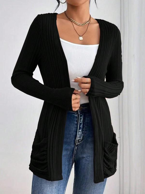 Women's Plain Ruched Pocket Open Front Cardigan, Casual Long Sleeve Cardigan for Fall & Winter, Women's Knit Clothing for Daily Wear