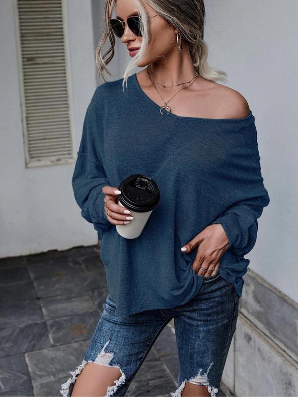Women's Plain Tie Backless Batwing Sleeve Tee, Elegant V Neck Long Sleeve T-Shirt for Spring & Fall, Ladies Clothes for Daily Wear