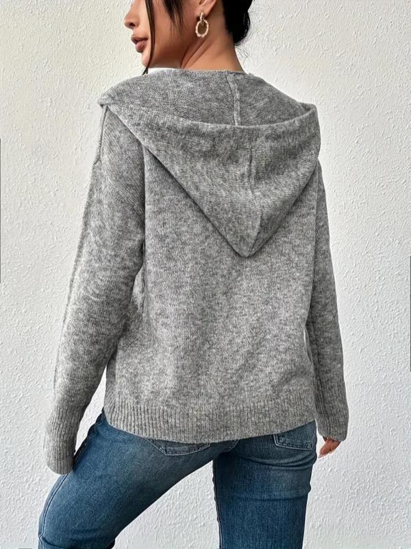 Women's Plain Button Front Drawstring Hooded Cardigan, Casual Drop Shoulder Long Sleeve Knitwear for Fall & Winter, Women's Knit Clothing for Daily Wear