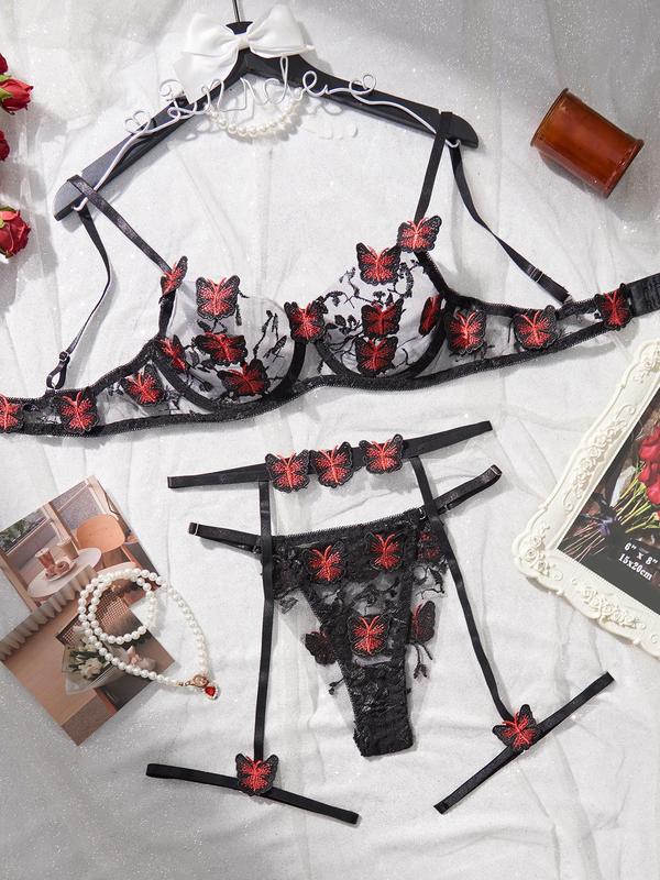 Women's Butterfly Embroidery Sheer Mesh Lingerie Three-piece Set, Romantic Adjustable Strap Underwire Bra & Thong & Garter Belt Set, Lingerie Set for Women