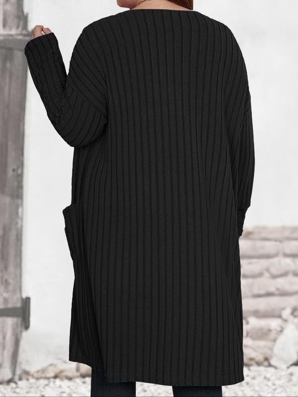  Solid Color Drop Shoulder Pocket Ribbed Cardigan, Casual Long Sleeve Open Front Knitwear for Fall & Winter, Women's Plus Clothing for Daily Wear