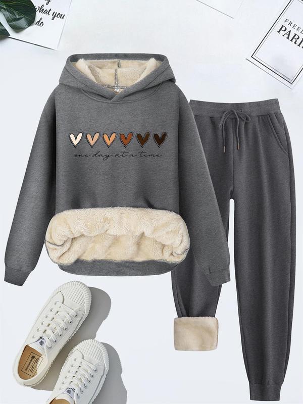 Women's Heart & Letter Print Hoodie & Drawstring Waist Pants Thermal Lined Two-piece Set, Casual Long Sleeve Hooded Sweatshirt & Pocket Trousers for Fall & Winter, Ladies Clothes for Daily Wear