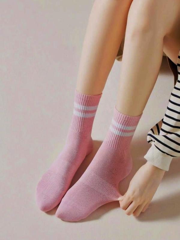 Women's 5 Pairs Striped Print Ankle Socks, Casual Comfortable Mid-calf Socks for Daily Wear, Breathable Multipack Knit Socks for Fall & Winter