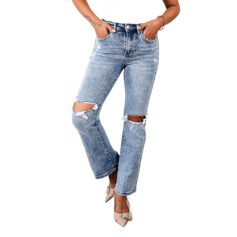 Risen Dressed to Impress High Rise Medium Wash Distressed Knee Ankle Flare Jeans