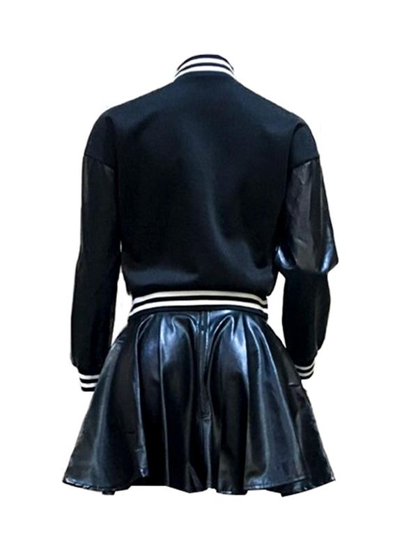 Two-Piece Set Women's Letter Embroidery Button Front Jacket & PU Skirt, Casual Fashion Drop Shoulder Long Sleeve Outerwear & High Waist Skirt for Daily Wear, Ladies Clothes for All Seasons