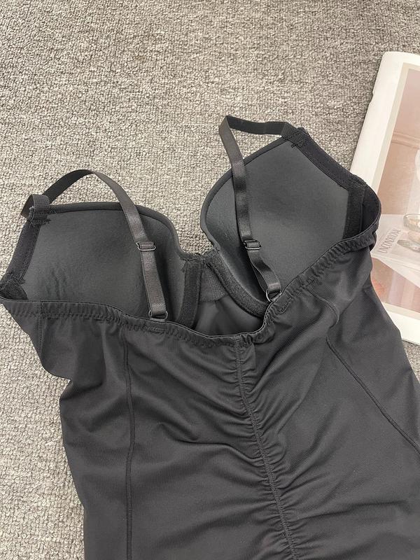 Women's Solid Ruched Sheer Cami Shapewear Bodysuit, Solid Adjustable Strap Shaper Bodysuit for Daily Wear, Body Shapewear, Tummy Hiding Clothes, Women's Shapewear for All Seasons, Womenswear, Fall Wear, Fallfreshness