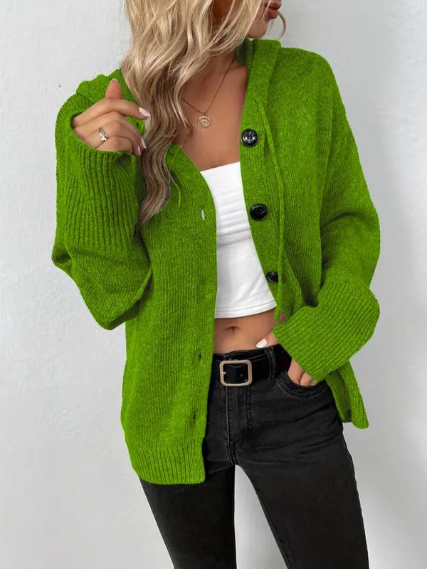 Women's Plain Button Front Drawstring Hooded Cardigan, Casual Drop Shoulder Long Sleeve Knitwear for Fall & Winter, Women's Knit Clothing for Daily Wear