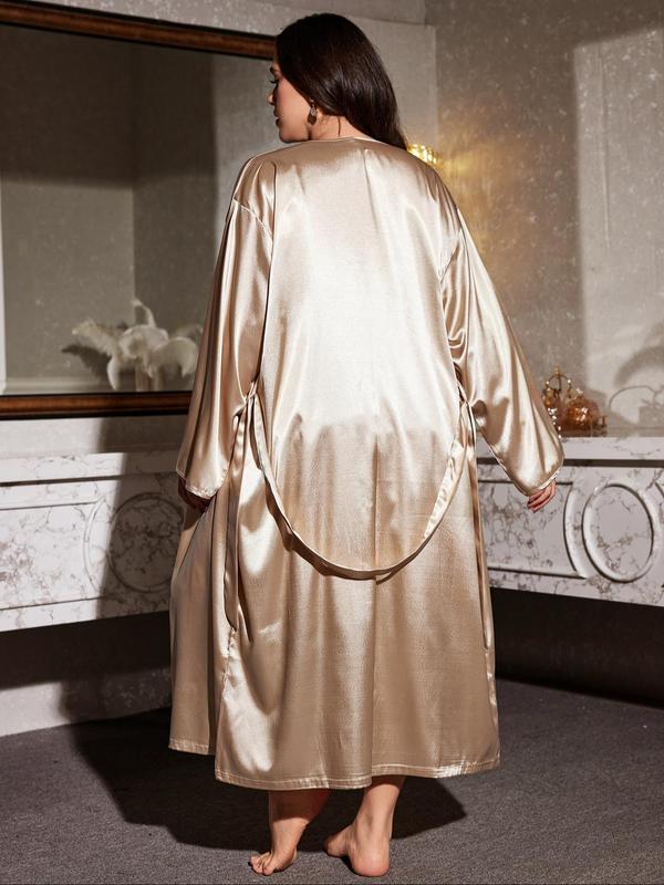  Solid Belted Satin Robe & Cami Nightdress Two-piece Set, Casual Comfy Long Sleeve Open Front Robe & Draped Spaghetti Strap Nightgown, Women's Sleepwear Set for All Seasons