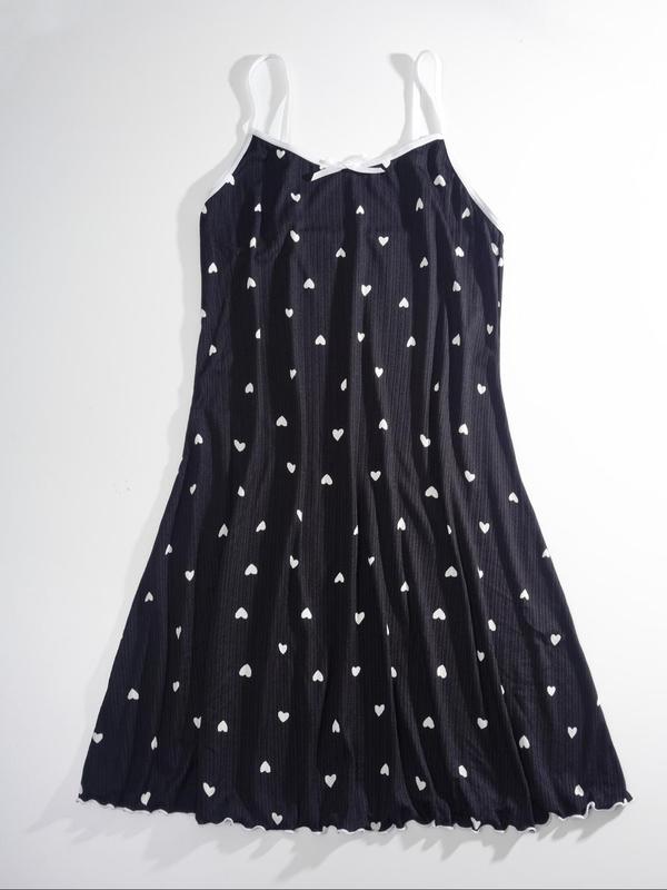 Women's Heart Print Lettuce Trim Cami Nightdress, Cute Bow Decor Backless Slip Nightgown, Ladies Sleepwear & Loungewear