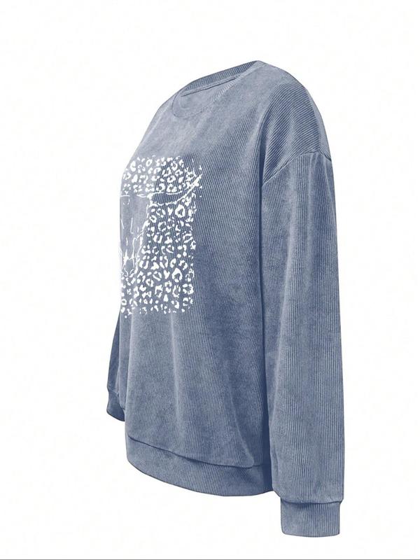 Women's Leopard & Bull Head Print Drop Shoulder Sweatshirt, Casual Long Sleeve Round Neck Pullover for Daily Wear, Ladies Clothes for All Seasons