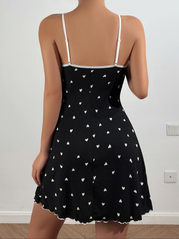 Women's Heart Print Lettuce Trim Cami Nightdress, Cute Bow Decor Backless Slip Nightgown, Ladies Sleepwear & Loungewear