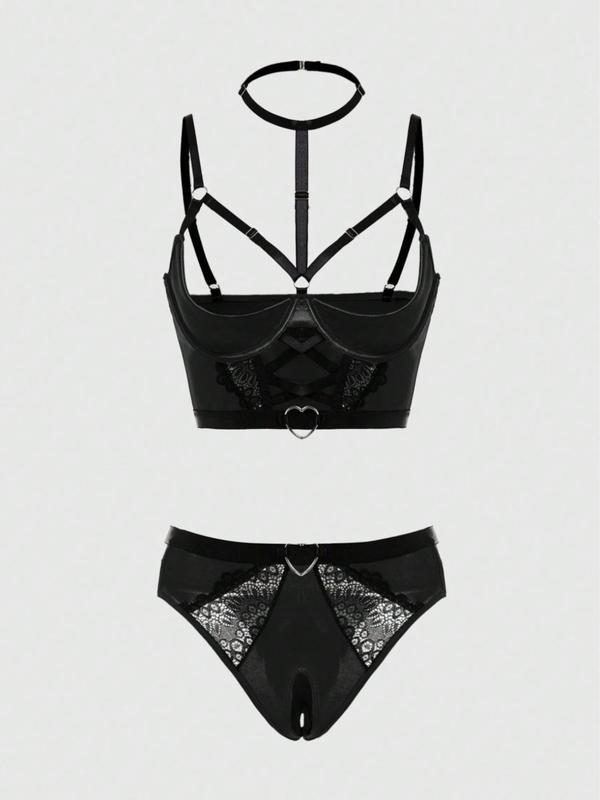 Two-Piece Set Women's Contrast Lace Cut Out Sexy Lingerie Set, Criss Cross Halter Underwire Bra & Heart Ring Panty Set, Romantic Nightwear Set for Women