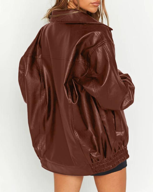 Goranbon Womens Oversized Leather jacket Lapel Bomber Coat Classic Casual Zip Up Warm Fall Winter Clothing