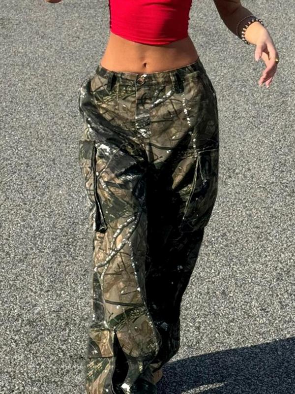 Women's Camo Print Pocket Cargo Pants, Street Fashion Casual Trendy Trousers for Daily Wear, Ladies Bottoms for Fall & Winter
