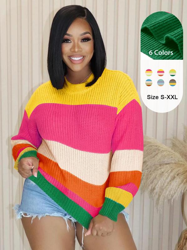 Women's Colorblock Striped Print Drop Shoulder Sweater, Casual Long Sleeve Round Neck Jumper for Daily Wear, Ladies Knitwear for All Seasons, Fall Clothes
