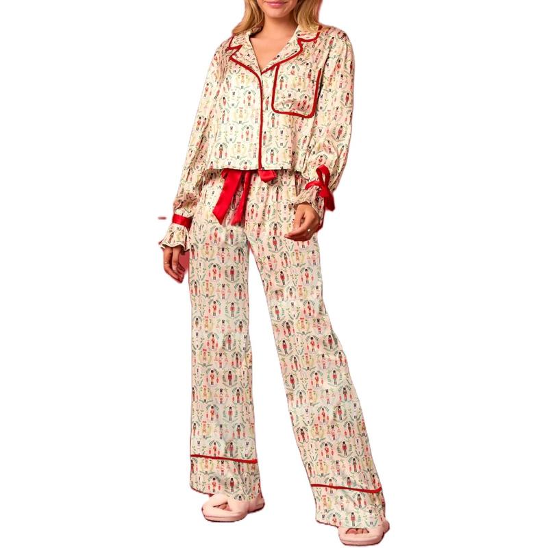 Women's Christmas Pajamas Bow Tie Long Sleeve Shirt Long Pants Printed Pajama Set Satin Silk Funny Pattern Two Piece Pajama Shirt Pajama Pant Set