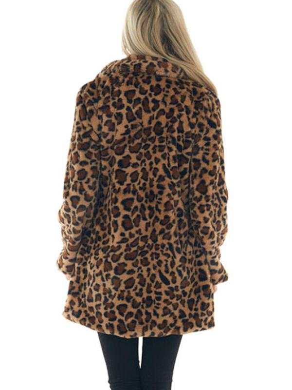 Women's Leopard Print Pocket Lapel Fuzzy Jacket, Casual Long Sleeve Thermal Outerwear for Fall & Winter, Women's Clothing for Daily Wear