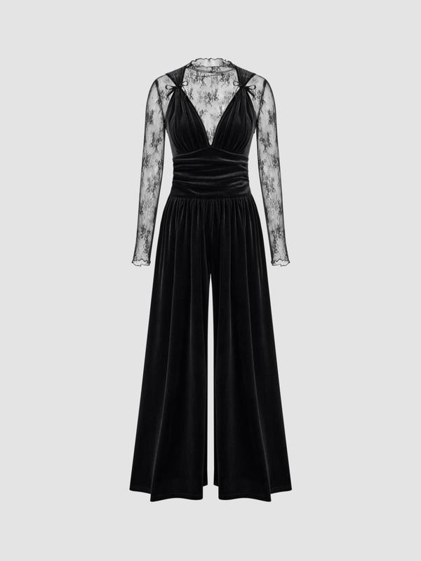 Women's Floral Lace Sheer Tee & Bow Decor Ruched Velvet Wide Leg Jumpsuit Two-piece Set, Elegant Long Sleeve Top & Jumpsuit for Party Holiday Wedding Guest, Ladies Spring & Fall Clothes